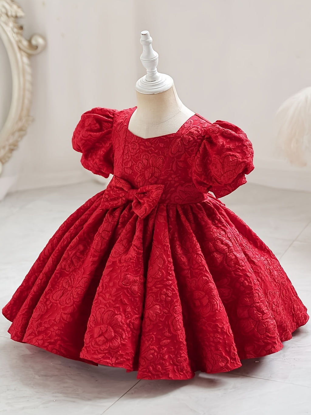 Robe de princesse élégante à col en V pour filles - Toutes saisons, manches lanternes, ourlet évasé et joli nœud, parfaite pour les fêtes, les concours de beauté et les anniversaires