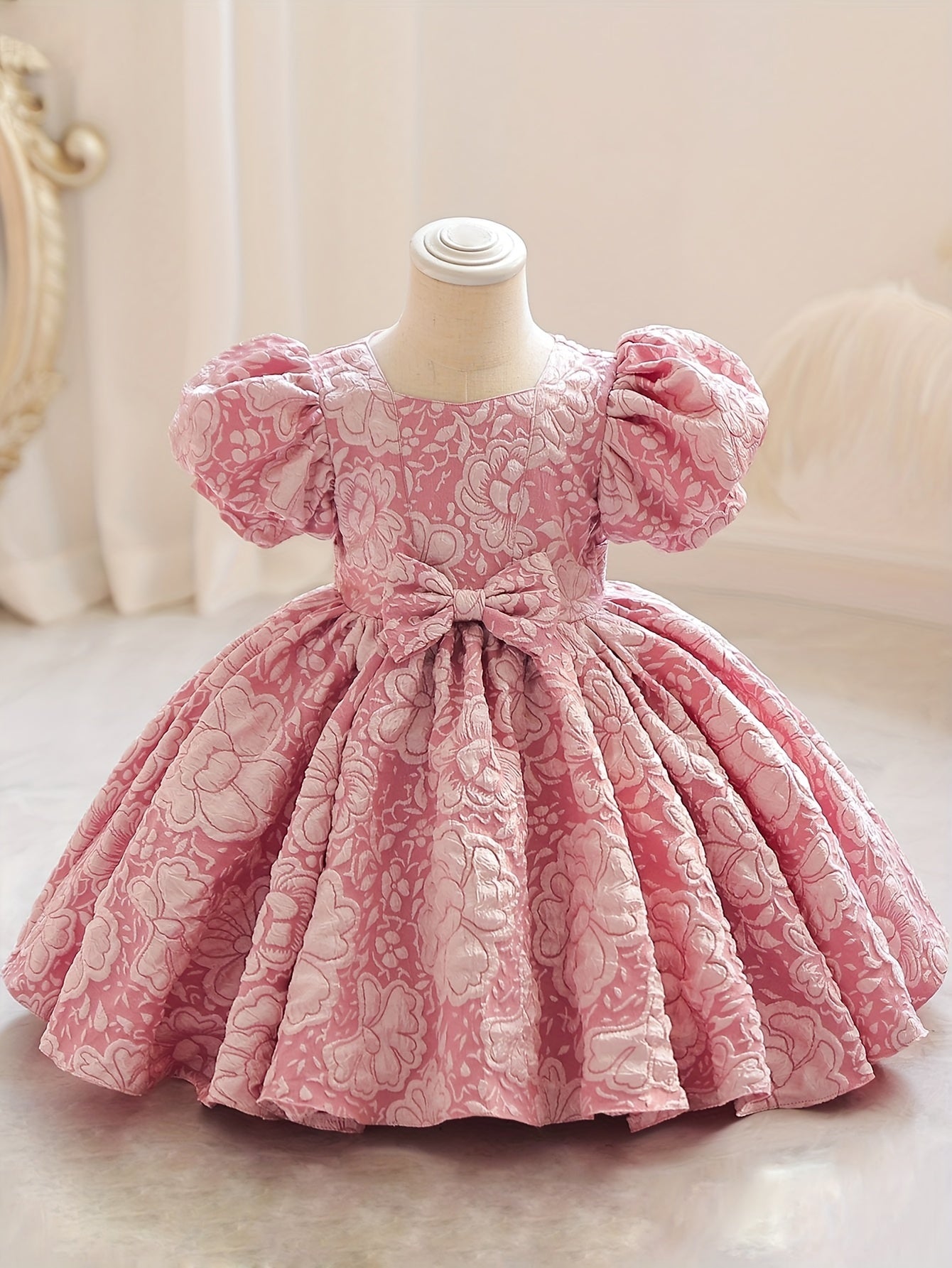Robe de princesse élégante à col en V pour filles - Toutes saisons, manches lanternes, ourlet évasé et joli nœud, parfaite pour les fêtes, les concours de beauté et les anniversaires