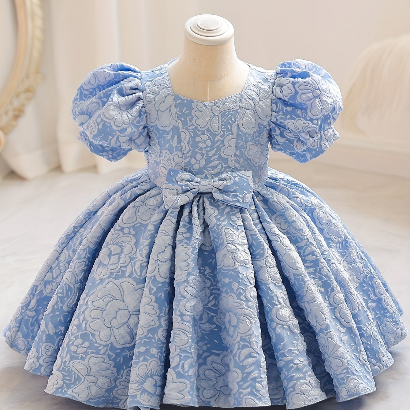 Robe de princesse élégante à col en V pour filles - Toutes saisons, manches lanternes, ourlet évasé et joli nœud, parfaite pour les fêtes, les concours de beauté et les anniversaires