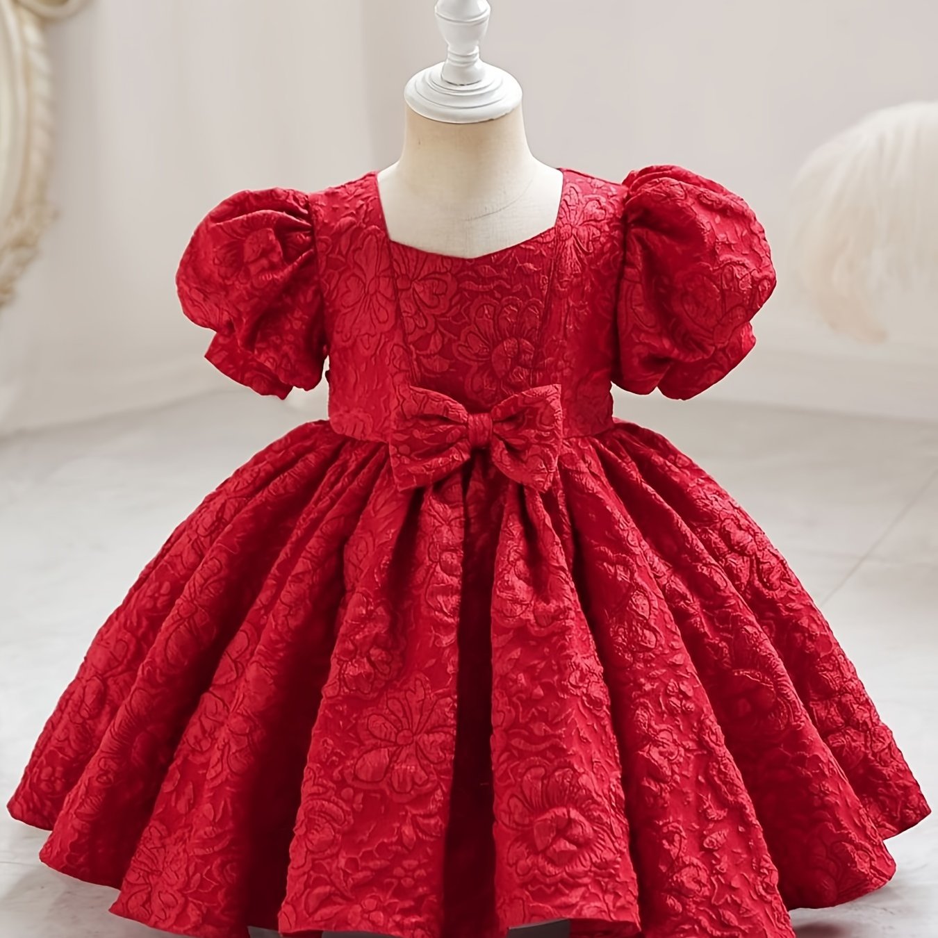 Robe de princesse élégante à col en V pour filles - Toutes saisons, manches lanternes, ourlet évasé et joli nœud, parfaite pour les fêtes, les concours de beauté et les anniversaires