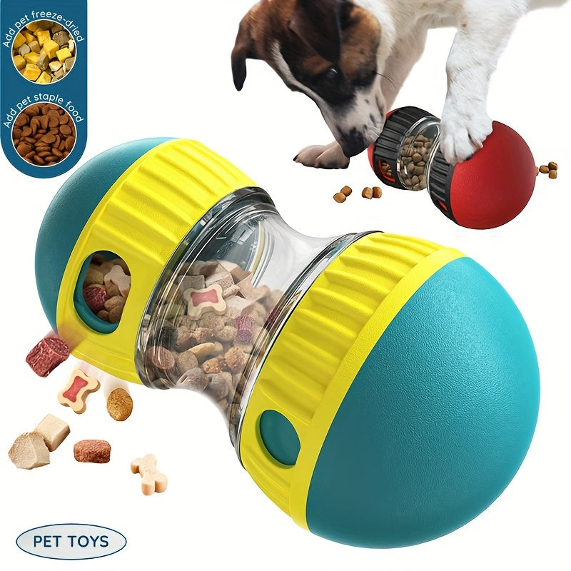 Rotating Rolling Slow Feeder Dog Toy - Interactive Treat Dispenser for Small Dogs, Durable Plastic Mental Stimulation Toy with Two Compartments, Blue & Yellow Design, No Batteries Needed, Interactive Dog Toy, Mental Enrichmen