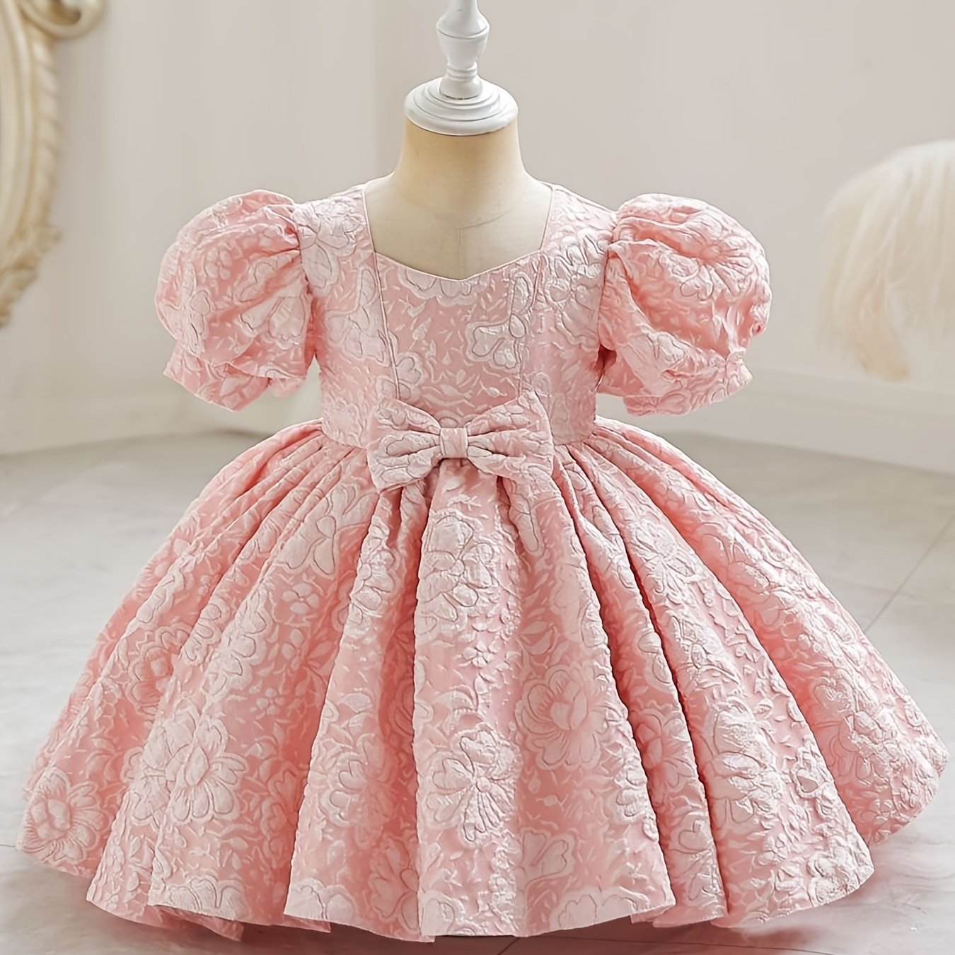 Robe de princesse élégante à col en V pour filles - Toutes saisons, manches lanternes, ourlet évasé et joli nœud, parfaite pour les fêtes, les concours de beauté et les anniversaires