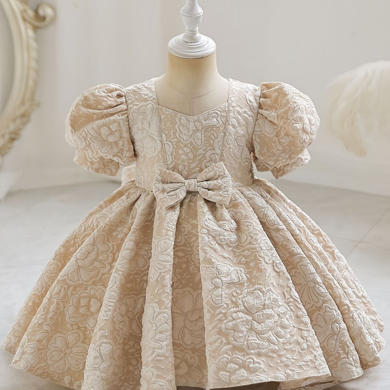 Robe de princesse élégante à col en V pour filles - Toutes saisons, manches lanternes, ourlet évasé et joli nœud, parfaite pour les fêtes, les concours de beauté et les anniversaires