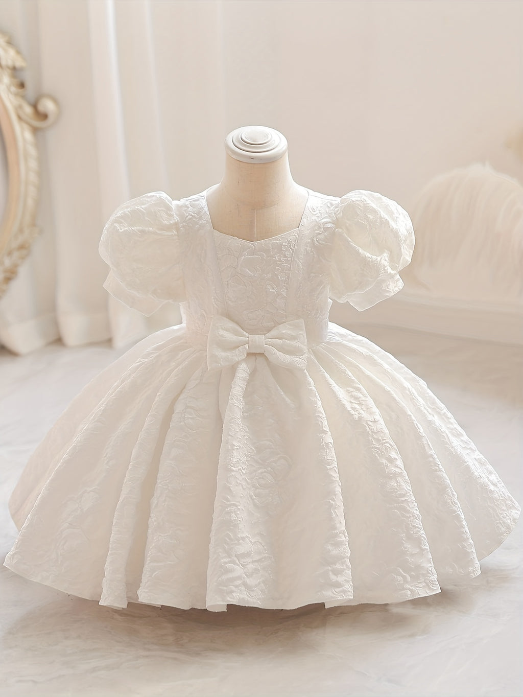 Robe de princesse élégante à col en V pour filles - Toutes saisons, manches lanternes, ourlet évasé et joli nœud, parfaite pour les fêtes, les concours de beauté et les anniversaires