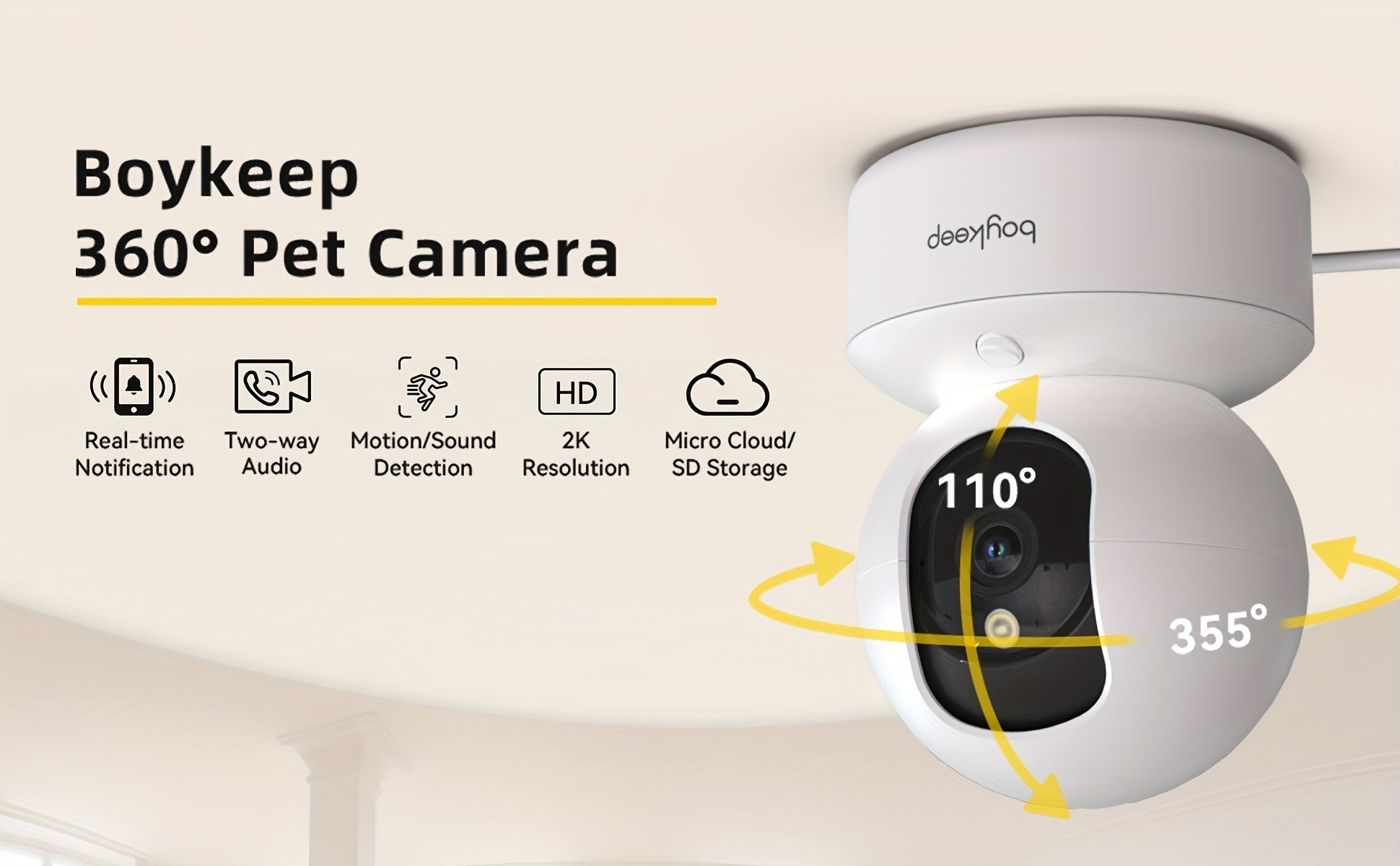 2pc, BoyKeep 5g/2.4ghz WiFi Smart Camera, 2K High-definition Indoor Safety Monitor, Special Safety Camera For Pets, 360° Panoramic Surveillance Video, Night Vision, Two-way Calls, Cloud Storage